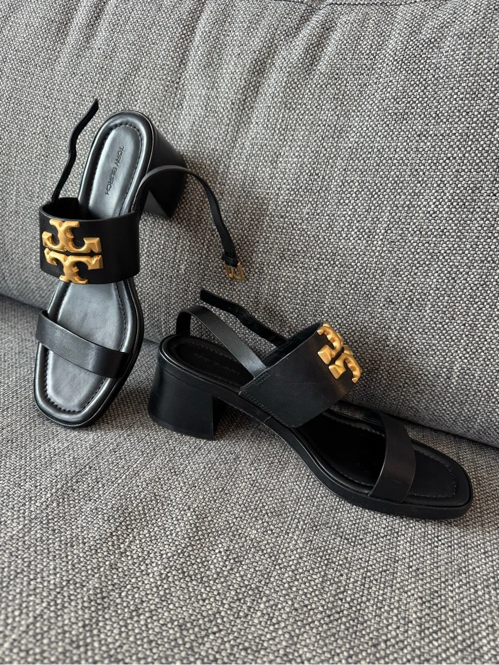Tory Burch Black Leather Slingback Sandals with Gold Logo Accent